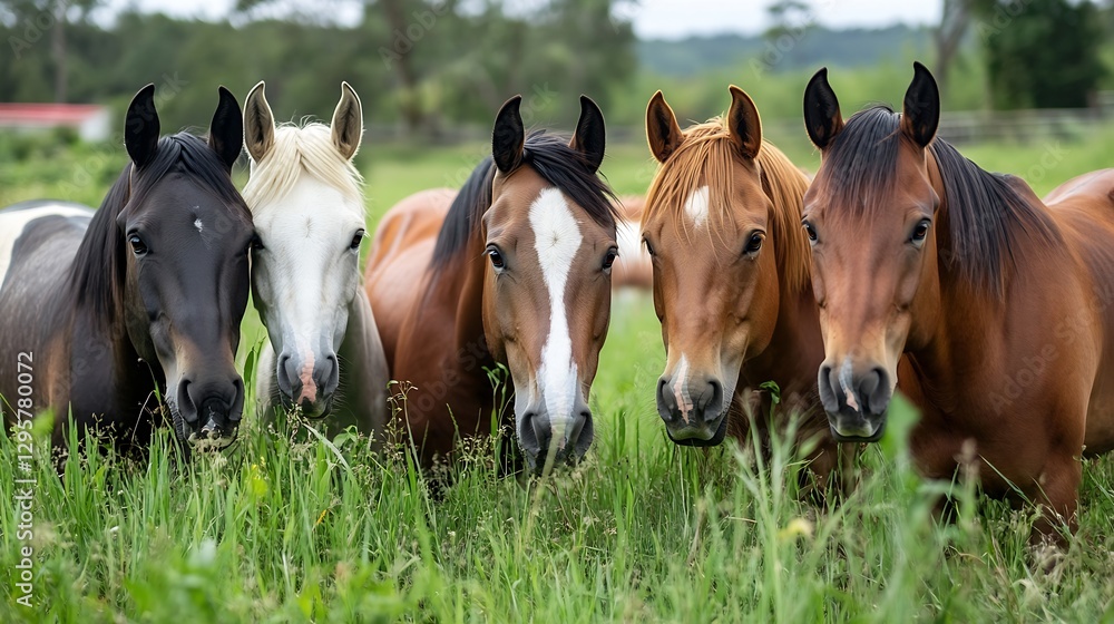 Close Up of Five Beautiful Horses Standing Together in a Lush Green Meadow Under a Bright Sky : Generative AI