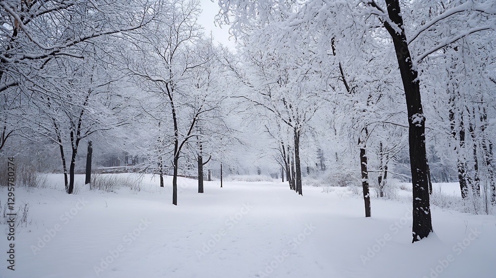 Serene winter landscape covered in fresh snow with bare trees : Generative AI