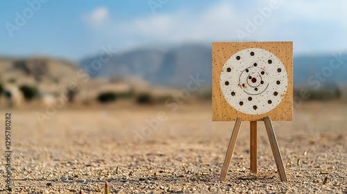 Closeup of a precision targeted shooting range with a bullet damaged target against a rugged desert mountain backdrop showcasing the accurate marksmanship and skill involved in this competitive sport