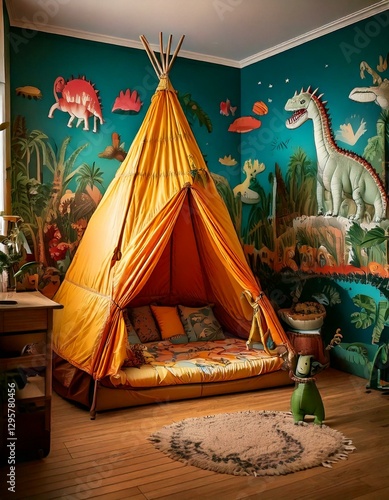 A dinosaur lover’s dream room with a volcano play tent, dino wall decals, and prehistoric Jurassic photo