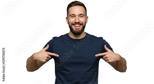 Mockup navy blue shirt on a transparent PNG. The man is pointing to the middle of the shirt to reinforce the message