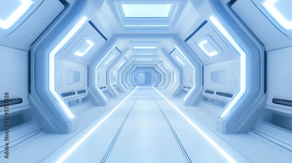 Futuristic Bright Corridor in a Sci-Fi Setting with Soft Blue Lighting and Sleek Walls for Technology and Space Exploration Themes Futuristic Bright Corridor in a Sci-Fi Setting with Soft Blue Lighting and Sleek Walls for Technology and Space Exploration Themes