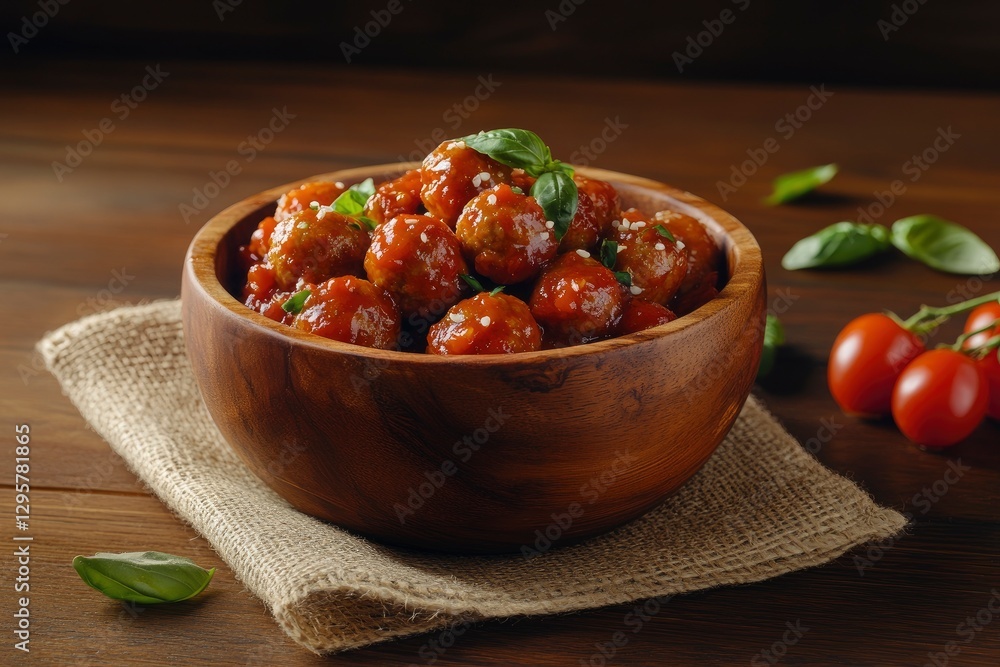 wooden bowl of meatballs in tomato sauce, on a burlap cloth with cherry tomatoes and basil leaves around it wooden bowl of meatballs in tomato sauce, on a burlap cloth with cherry tomatoes and basil leaves around it
