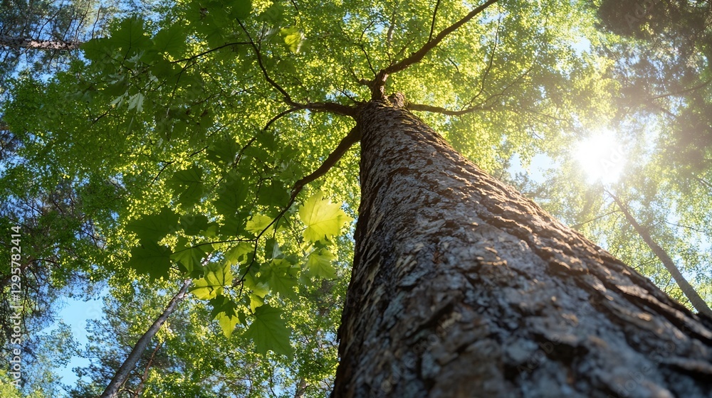 Fototapeta premium Majestic view of a towering tree from the ground looking up with sunlight filtering through leaves : Generative AI