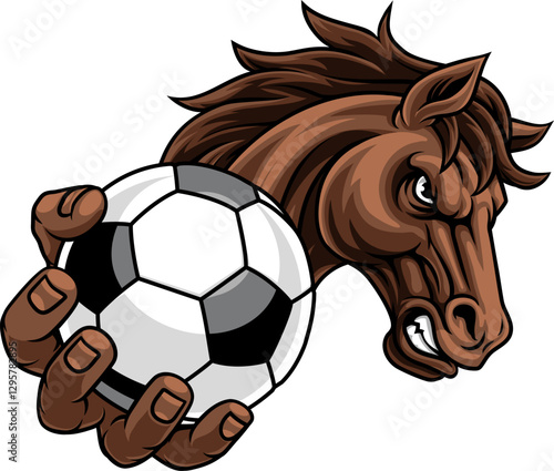 Horse mustang bronco stallion soccer football angry sports team mascot holding a ball.