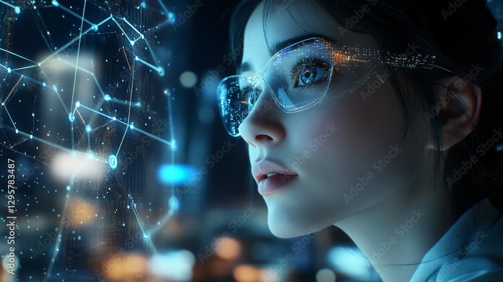Woman Contemplating in a Sleek Digital Cityscape with Futuristic Vibes Woman Contemplating in a Sleek Digital Cityscape with Futuristic Vibes