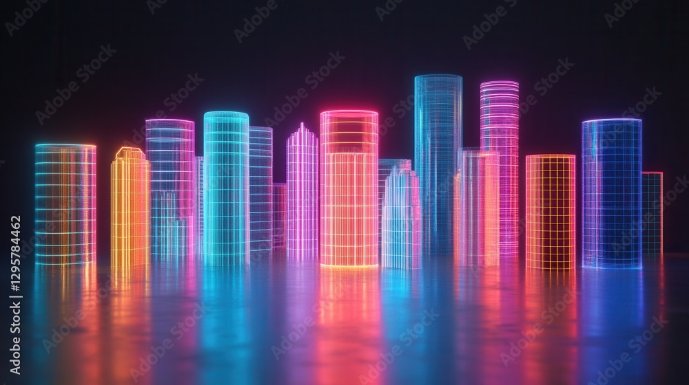 Futuristic City Skyline in Vibrant Neon Colors with 3D Abstract Buildings and Reflections on Dark Background for Digital Art or Technology Themes Futuristic City Skyline in Vibrant Neon Colors with 3D Abstract Buildings and Reflections on Dark Background for Digital Art or Technology Themes