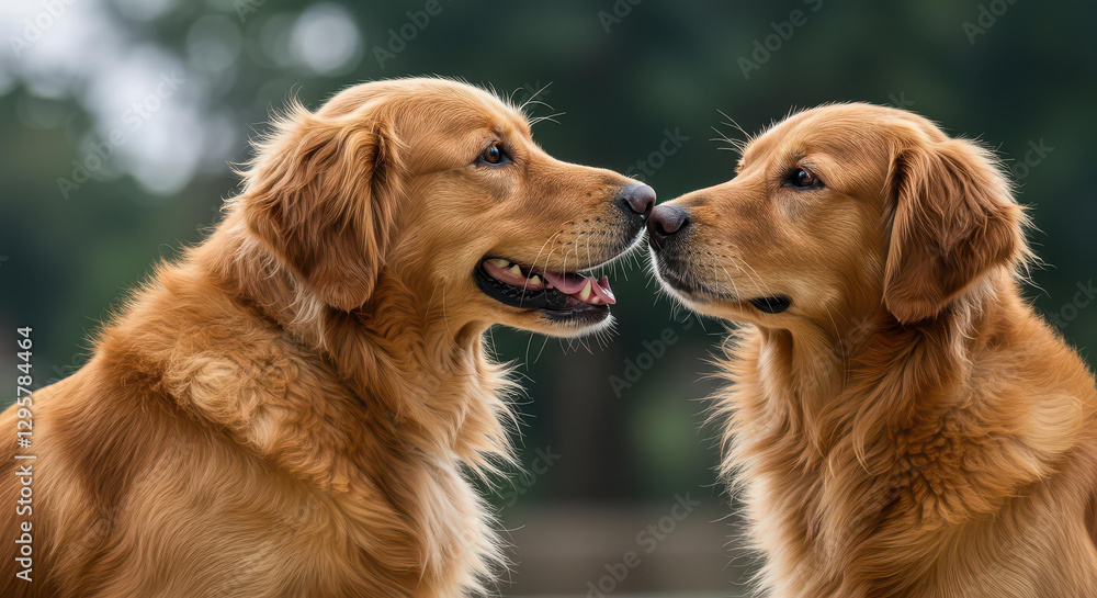 Two Golden Retrievers Affectionate Dogs Nose to Nose Close Up Portrait Two Golden Retrievers Affectionate Dogs Nose to Nose Close Up Portrait