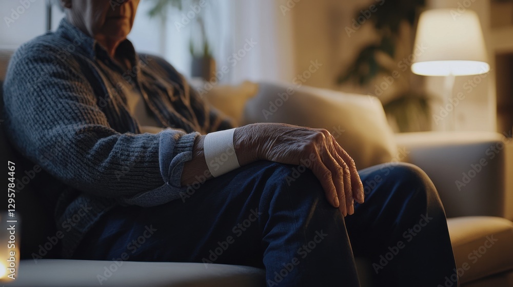 A senior person with an elbow injury resting with a bandage in a modern living room. Featuring comfort and healing A senior person with an elbow injury resting with a bandage in a modern living room. Featuring comfort and healing