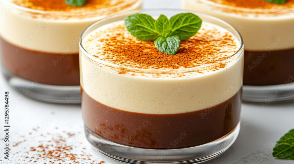 Delicious mocha mousse dessert in glass cups, topped with mint leaves and cocoa powder Delicious mocha mousse dessert in glass cups, topped with mint leaves and cocoa powder