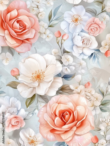 Abstract floral in seamless pattern background. Colorful flowers, flower petals, blooms, roses on wallpaper. Blossom fabric pattern with watercolor texture for banner, prints, packaging.