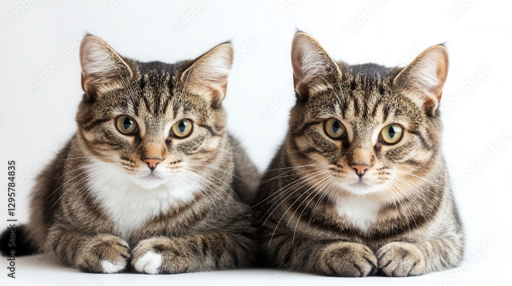Two Playful Domestic Cats with Striped Fur and Bright Eyes Relaxing Together on a Simple White Background