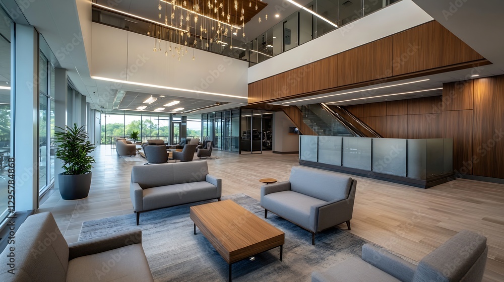 Naklejka premium Bright and Spacious Modern Office Lobby with Comfortable Seating Areas and Natural Light : Generative AI