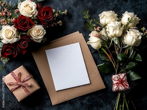 Romantic gift-giving arrangement with roses, card, and envelope on dark background photo