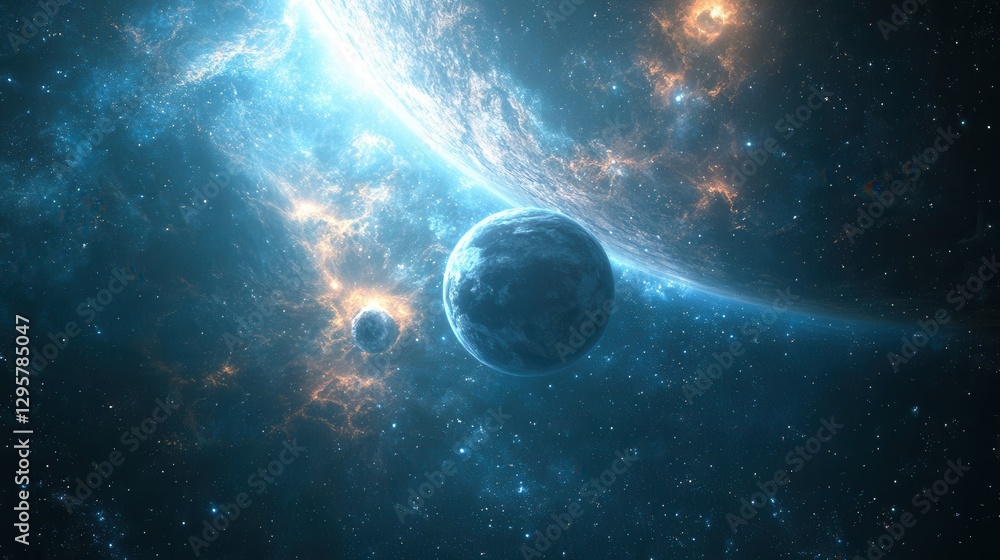 Obraz premium Stunning Cosmic Scene with Bright Nebula, Two Planets, and Distant Stars Reflecting the Vastness and Beauty of Outer Space in Vibrant Colors