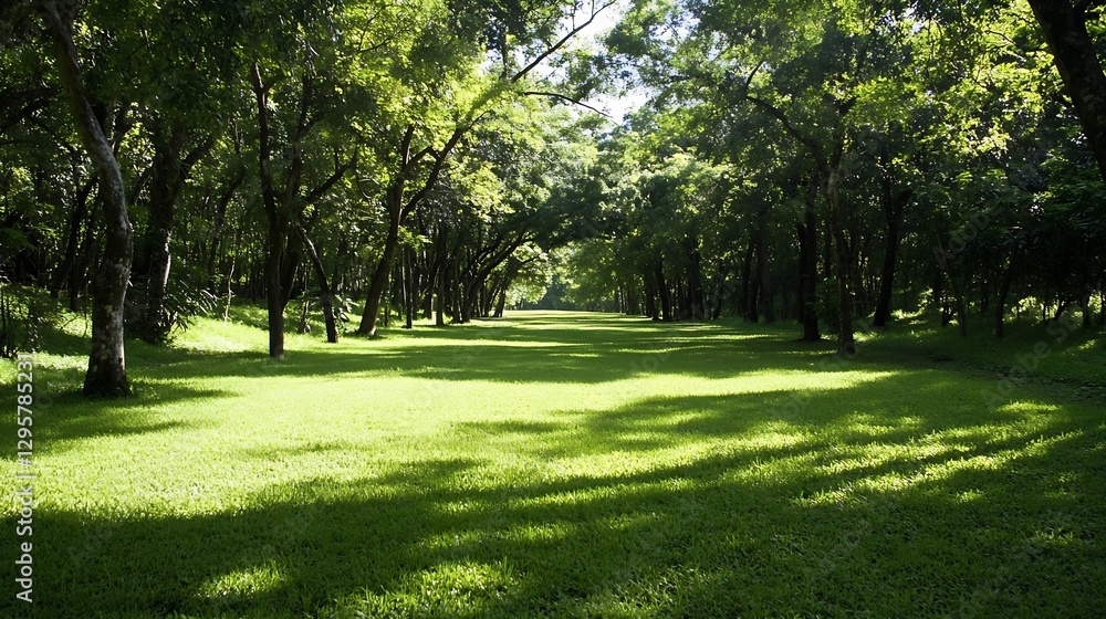 Naklejka premium Lush green tree-lined path illuminated by bright sunlight in serene forest : Generative AI