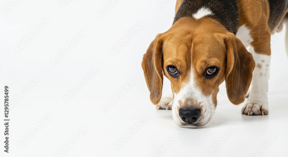 Adorable Beagle Puppy Dog Sniffing Ground Close Up Studio Shot White Background Adorable Beagle Puppy Dog Sniffing Ground Close Up Studio Shot White Background