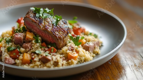 A thick cut of seared steak revealing a rosy interior on top of couscous studded with diced vegetables