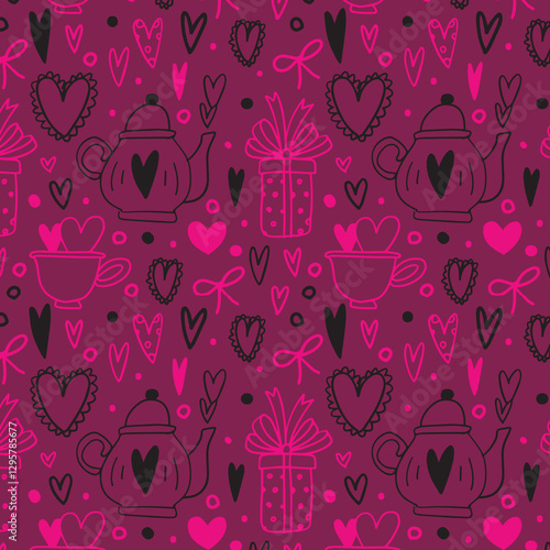 Seamless vector pattern with cute ceramic cup for coffee and tea. Doodle drawing of hand made distorted mug with hearts on pink background.