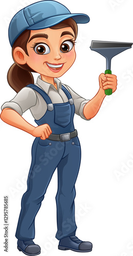 A woman female window cleaner or car wash worker holding a squeegee cleaning tool.