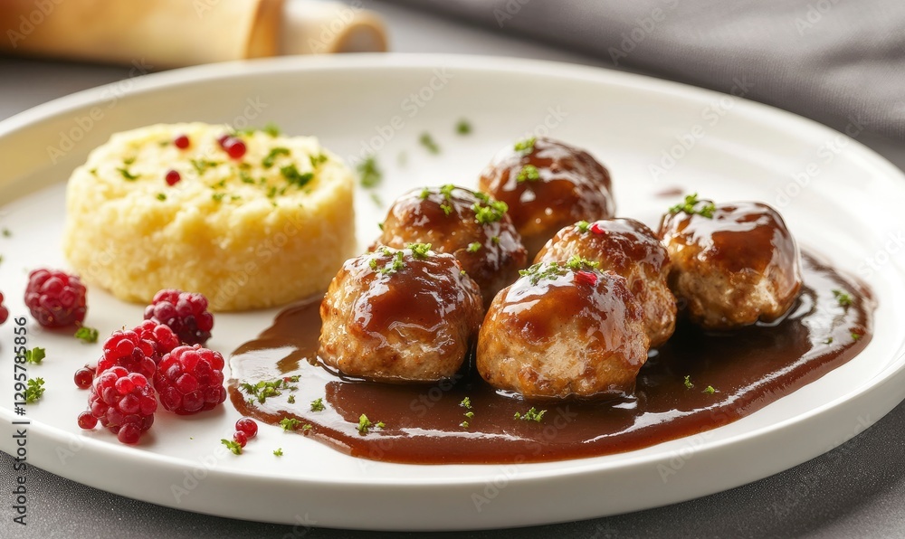 plate of Swedish meatballs with brown sauce, the food is placed on a white ceramic dish plate of Swedish meatballs with brown sauce, the food is placed on a white ceramic dish