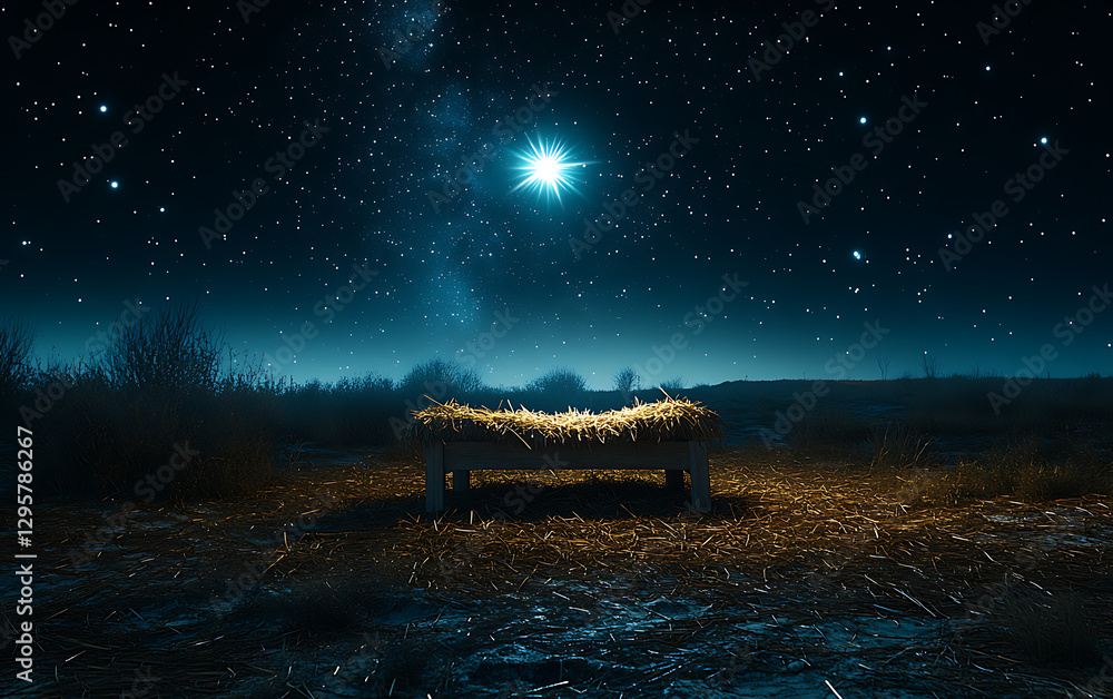 Obraz premium Outdoor Nativity Display with Starry Sky and Wooden Manger
