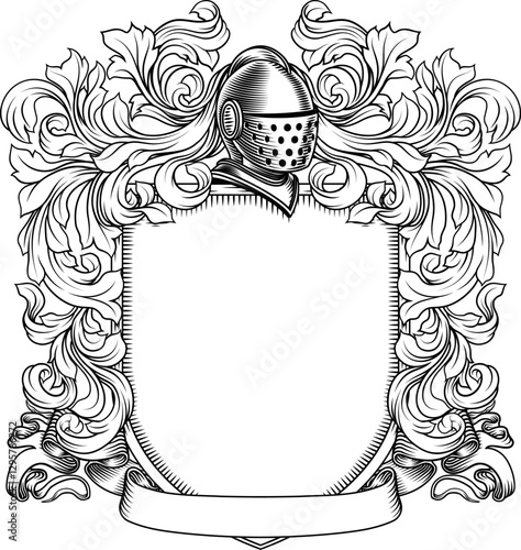 Coat of arms crest knight family medieval shield heraldry heraldic armorial motif. Featuring a knights helm helmet in a vintage etching engraving woodcut style