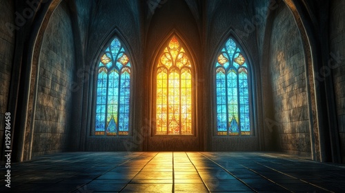 Beautiful Gothic Architecture with Stunning Stained Glass Windows Illuminated by Golden Sunrise Light in an Ancient Cathedral Interior