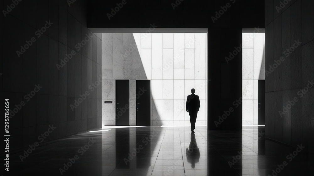 Solo Figure Walking Through Modern Architecture with Strong Light and Shadows Creating Dramatic Contrast in Minimalistic Setting
