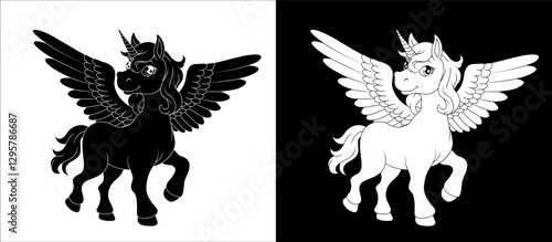 Unicorn Pegasus horse with wings and horn cartoon mythological animal from Greek myth illustration