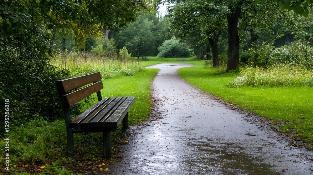 Tranquil Park Pathway Surrounded by Lush Green Trees on a Rainy Day : Generative AI Tranquil Park Pathway Surrounded by Lush Green Trees on a Rainy Day : Generative AI