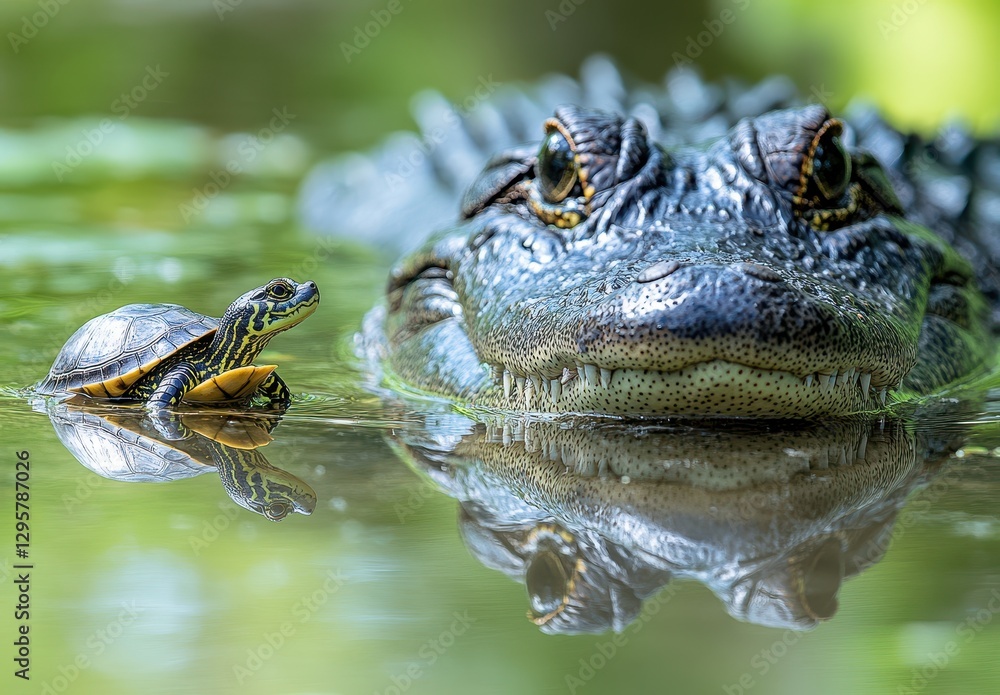 Fototapeta premium A close encounter in nature featuring a turtle and an alligator in calm water, showcasing the beauty and tension of wildlife interactions in a serene environment