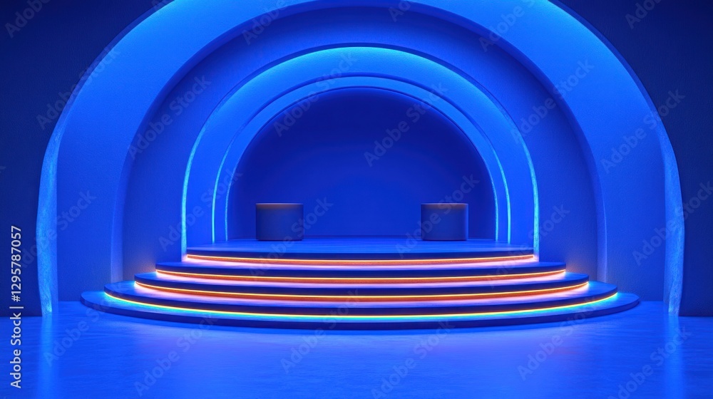 Naklejka premium Neon archway stage, illuminated, podium, empty
