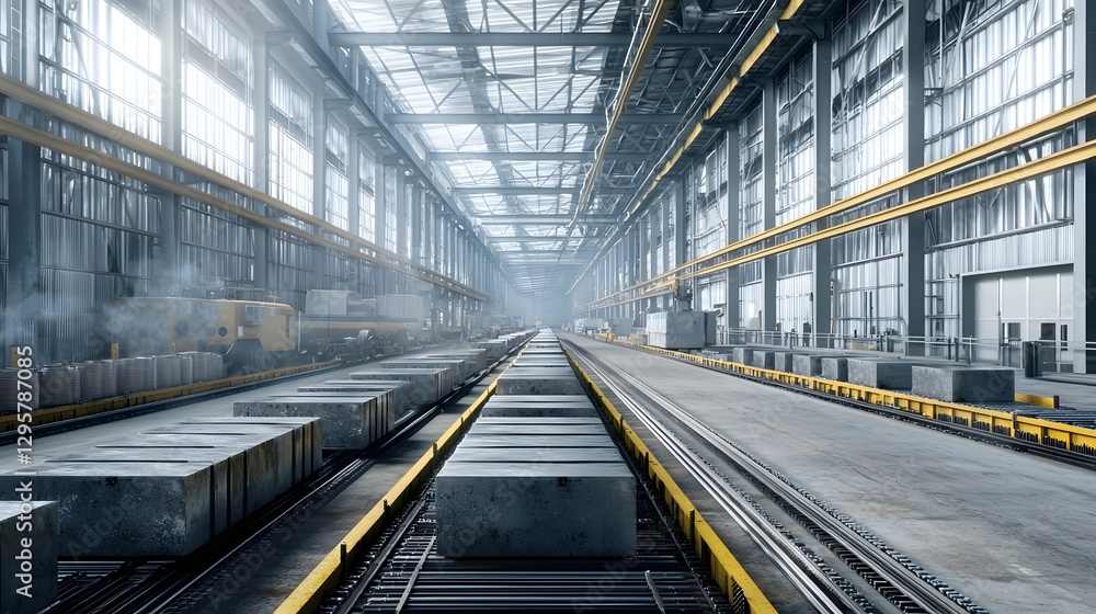 Metal ingots cooling on a conveyor belt after being cast in a continuous casting process in an industrial factory warehouse Metal ingots cooling on a conveyor belt after being cast in a continuous casting process in an industrial factory warehouse