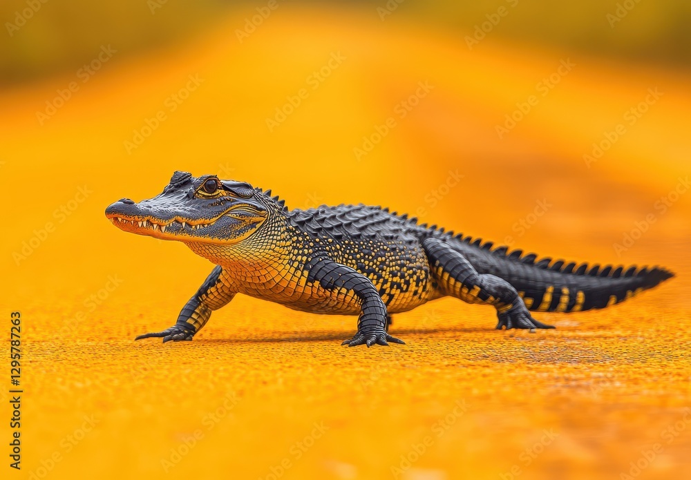 Naklejka premium A Close-Up of a Young Caiman Walking on a Vibrant Orange Road with a Smooth Texture in the Lush Surroundings of a Tropical Environment