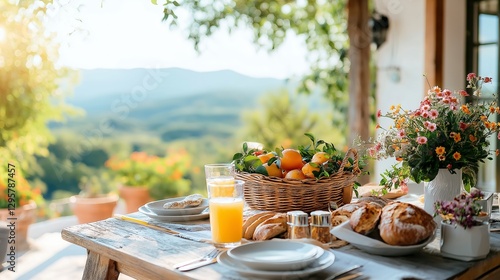 Enjoying a sunlit breakfast on a terrace overlooking lush hills and a fruitful garden. Generative AI