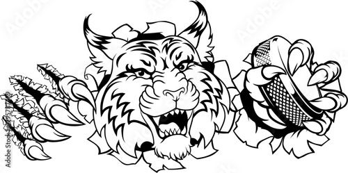 A wildcat or bobcat ice hockey team cartoon animal sports mascot