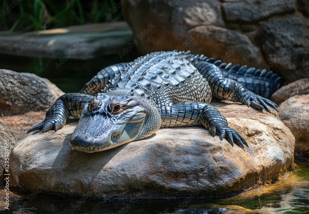A Close-Up View of a Lizard-Like Reptile Sunbathing on a Rock Beside Water, Showcasing Its Impressive Scales and Textures in Natural Habitat A Close-Up View of a Lizard-Like Reptile Sunbathing on a Rock Beside Water, Showcasing Its Impressive Scales and Textures in Natural Habitat