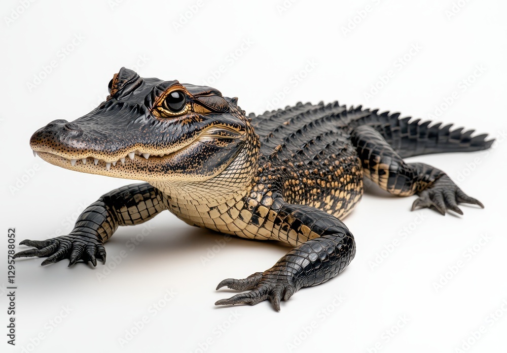Fototapeta premium A Close-Up View of an Alligator on a White Background, Showcasing Unique Textures and Details of Its Scales and Eyes Captured in a Studio Setting