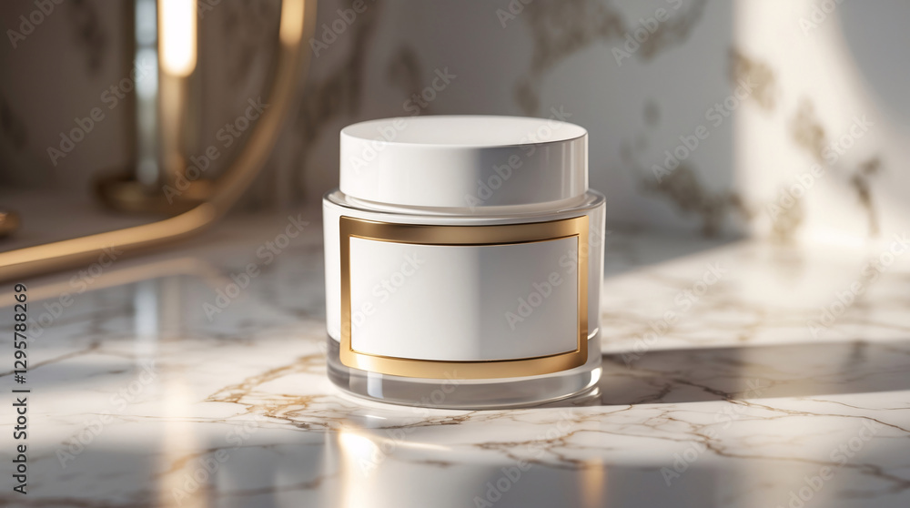Sleek and sophisticated glass cosmetic jar with gold detailing and white design resting on a marble surface for a refined look Product Display Presentation Sleek and sophisticated glass cosmetic jar with gold detailing and white design resting on a marble surface for a refined look Product Display Presentation