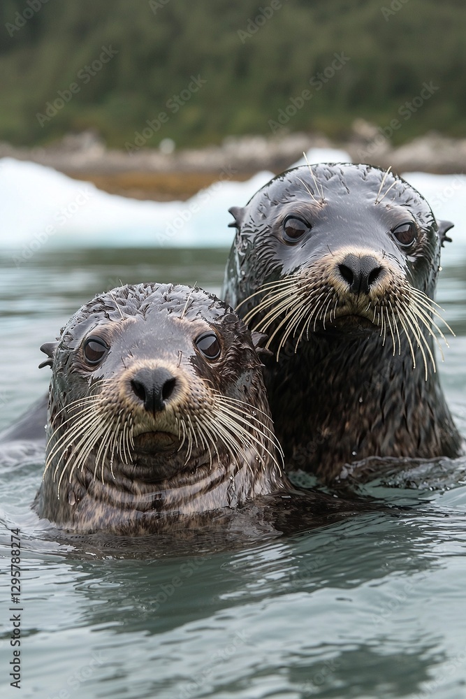 Fototapeta premium A couple of seals floating on top of a body of water