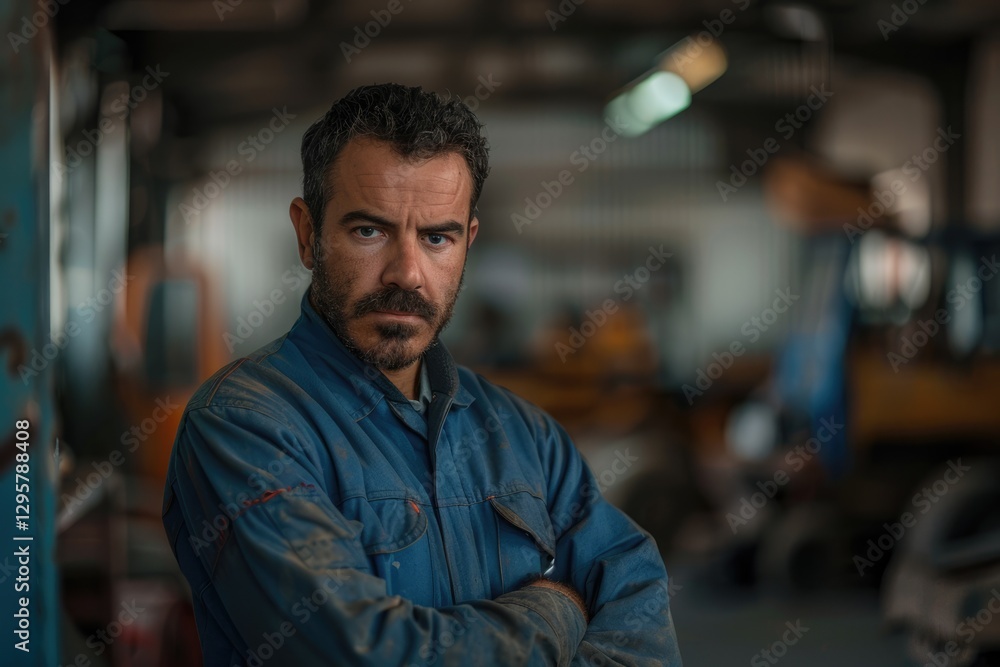 Portrait of mechanic in a workshop with crossed arms. Close up of skilled mechanic or technician crossing arms or making folded arms with blurring background. Automotive repair and service. AIG51. Portrait of mechanic in a workshop with crossed arms. Close up of skilled mechanic or technician crossing arms or making folded arms with blurring background. Automotive repair and service. AIG51.
