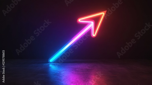 A vibrant neon arrow ascends, symbolizing growth and progress against a dark background. Its glowing lines reflect on a polished surface, creating a futuristic, dynamic image.