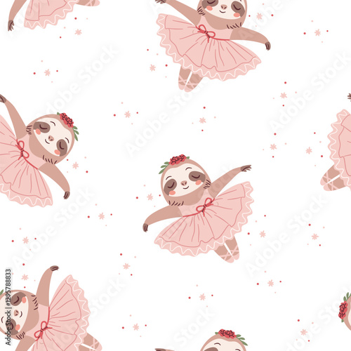 Seamless vector pattern in a simple childish style. Cute sloth ballerina dancing ballet, ballet tutu. . Vector illustration