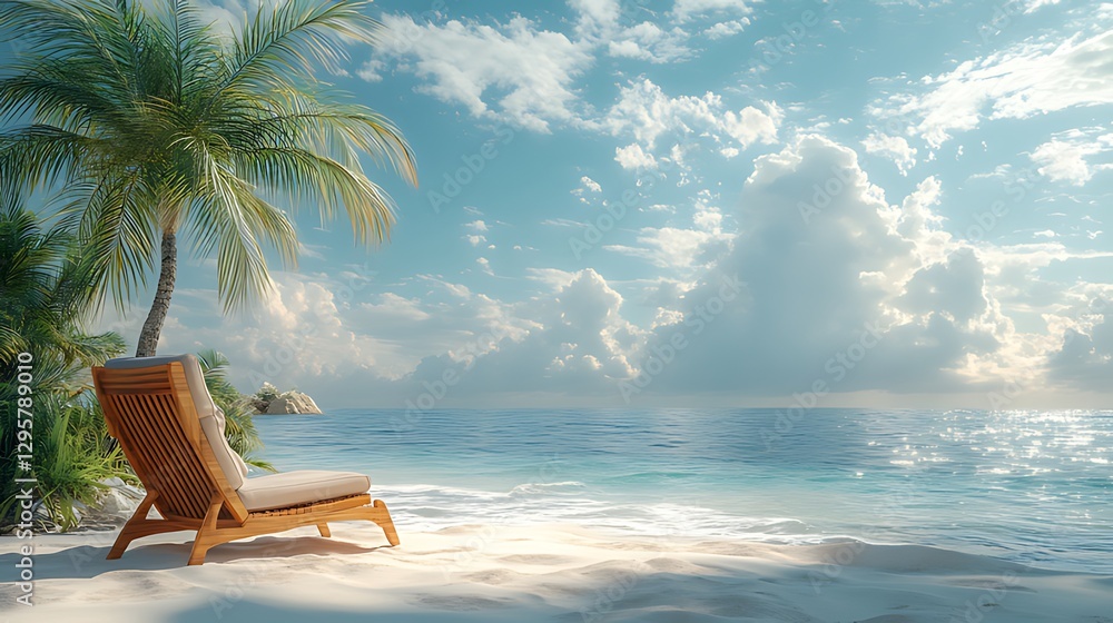 Tropical beach chair relaxation, ocean view, sunny sky Tropical beach chair relaxation, ocean view, sunny sky