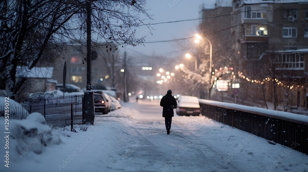 Peaceful Snowy Evening in a Quiet Urban Street with Streetlights : Generative AI Peaceful Snowy Evening in a Quiet Urban Street with Streetlights : Generative AI