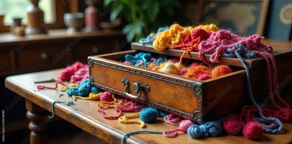 A wooden drawer overflowing with colorful yarn balls and strands, spilling onto a rustic wooden table. A wooden drawer overflowing with colorful yarn balls and strands, spilling onto a rustic wooden table.
