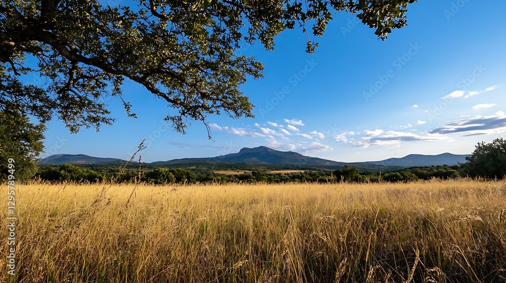 Golden Fields of Grass and a Distant Mountain on a Bright Sunny Day : Generative AI Golden Fields of Grass and a Distant Mountain on a Bright Sunny Day : Generative AI