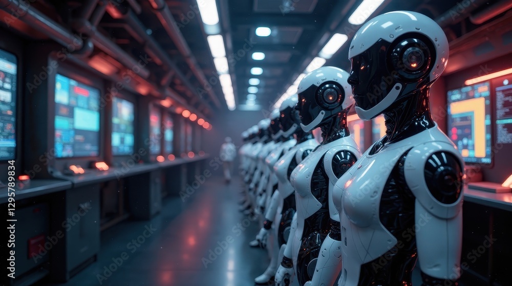 A line of humanoid robots stands in a futuristic facility, awaiting activation, their sleek white and black bodies reflecting the ambient lighting of the control room A line of humanoid robots stands in a futuristic facility, awaiting activation, their sleek white and black bodies reflecting the ambient lighting of the control room
