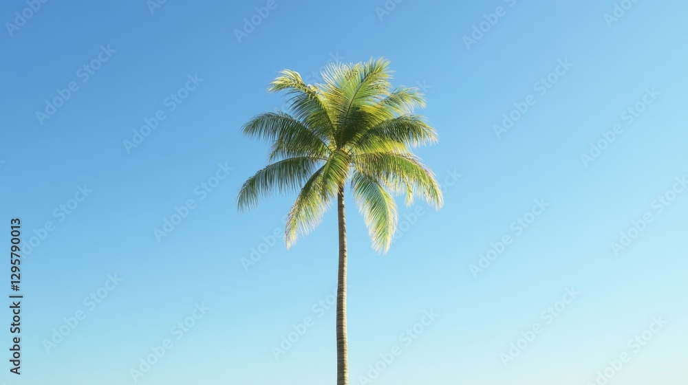 Fototapeta premium Lone palm tree with vibrant green foliage against a clear blue sky, ideal for tropical beach scenes